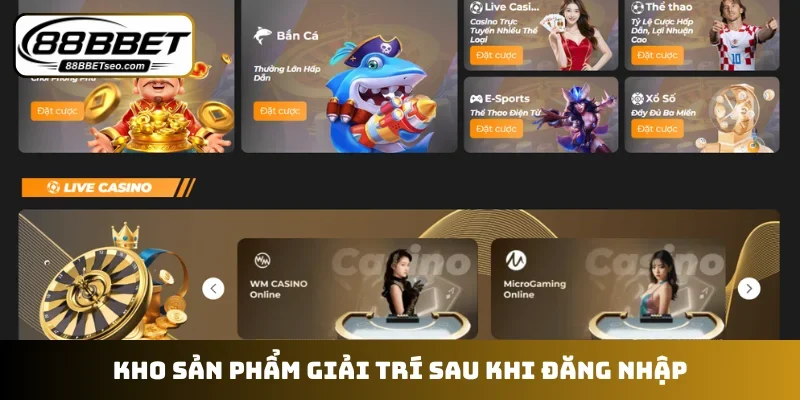 Kho sản phẩm giải trí sau khi đăng nhập